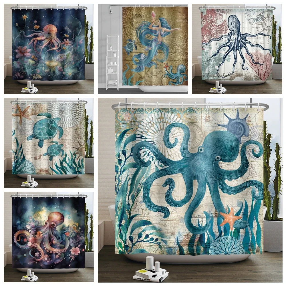 Octopus Shower Curtain Marine Life Ocean Nautical Seahorse Sea Turtle Shower Curtain for Bathroom Decor Waterproof Bath Curtain