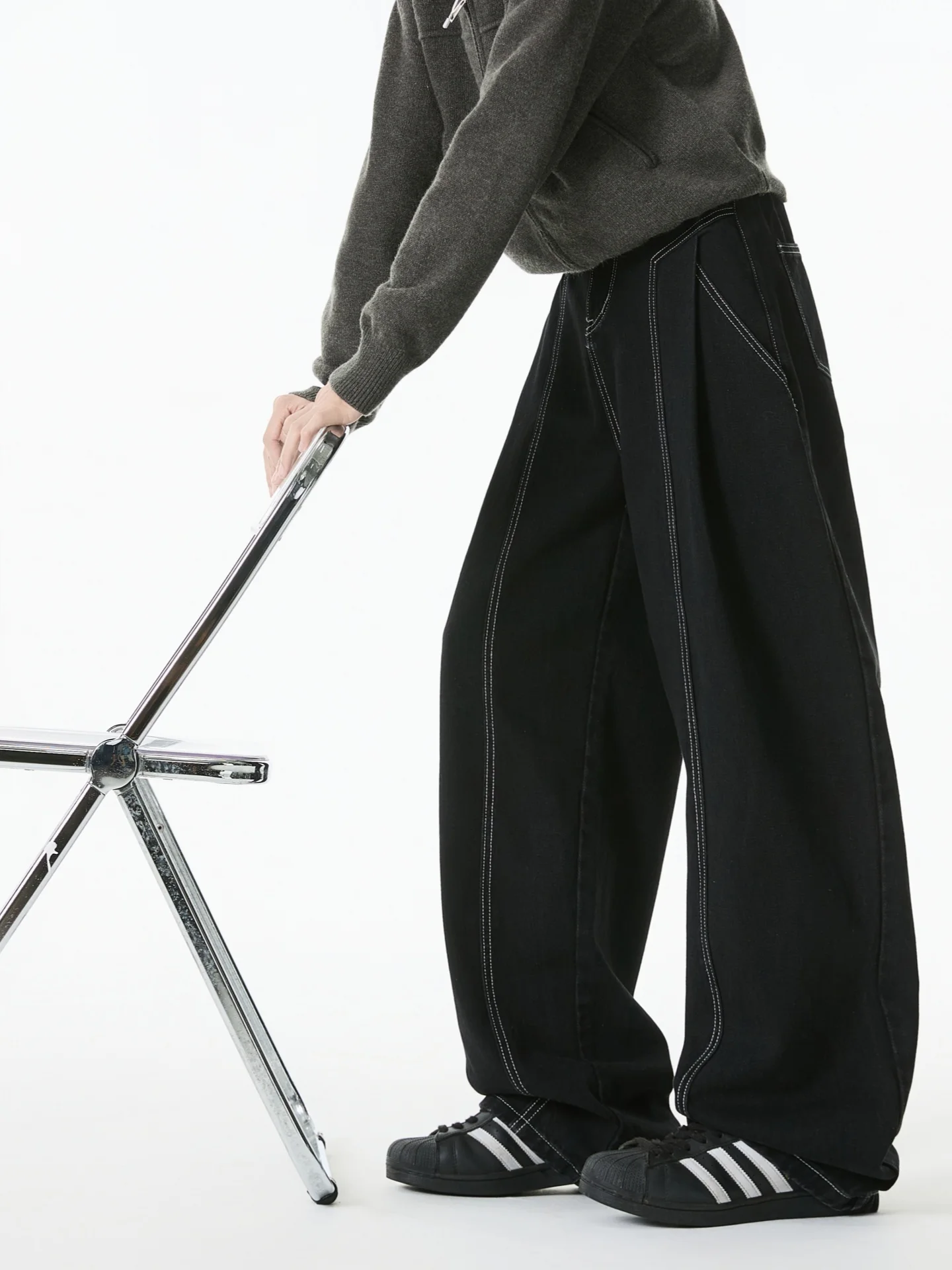 

Мужские джинсы свободного прямого кроя с дизайнерскими вставками, широкие брюки, осенние модные джинсы, бренд Jiaming, модель Thread Bend Knife