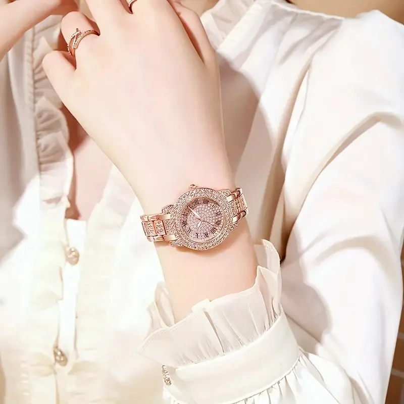 2pcs-Luxury Fashion Alloy Full Diamond Roman Quartz Watch with Double Row Diamond Bracelet Gift Set