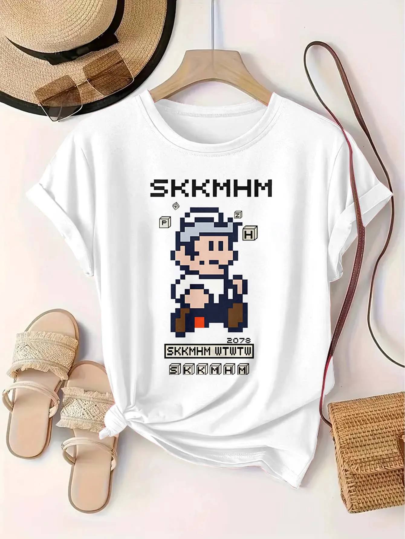 

Plus Size 1xl-5xl Short Sleeve T - Shirt Women's Oversize Clothing | Retro Pixel Game Character “SKK MHM” Graphic