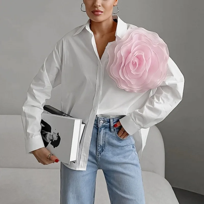 Women's Shirt 2024 New Fashion Lapel Mesh 3D Rose Decor Temperament Commuting Female Clothes Cotton Summer Elegant Women Blouses
