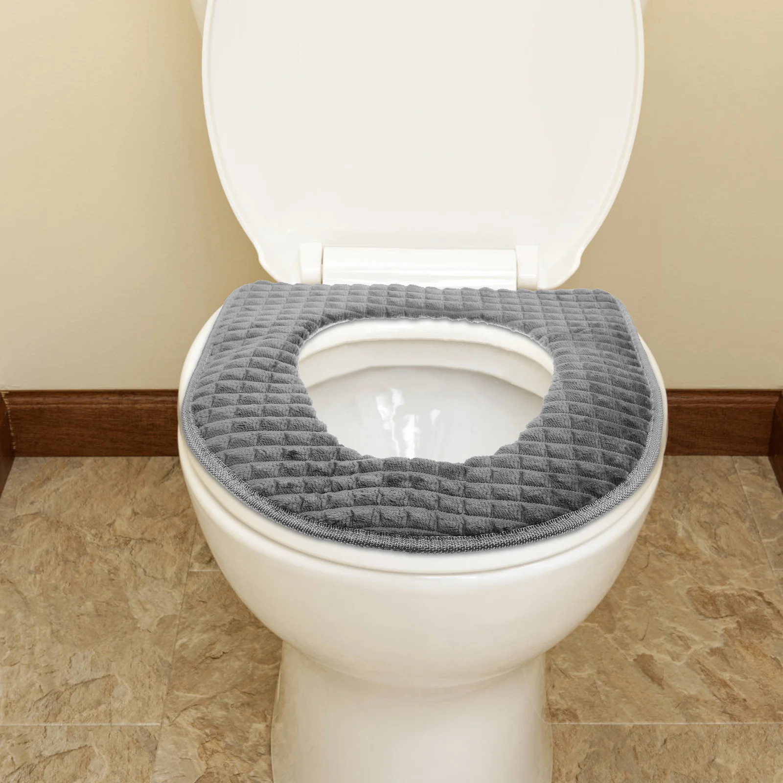 

1Pcs Warm Toilet Seat Cover Cushion Soft Thick Flannelette Fabric with Zipper Easy Install Remove Reusable Washable for Round