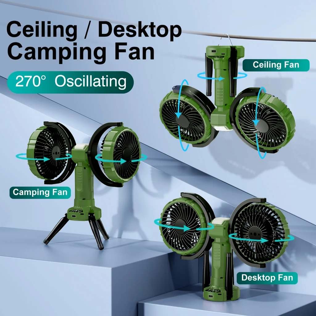 Eary 8000mAh/10000mAh Dual Head Fan USB Electric Desktop Wall Fan Portable Outdoor Cooling Fan with Hooks 4 Speeds 2 Light Level