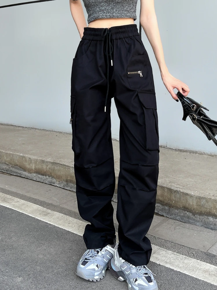 Casual Pants Women Chic Baggy Streetwear All-match Vintage Pockets Fashion Drawstring Simple Cargo Trousers Ulzzang Spring Solid