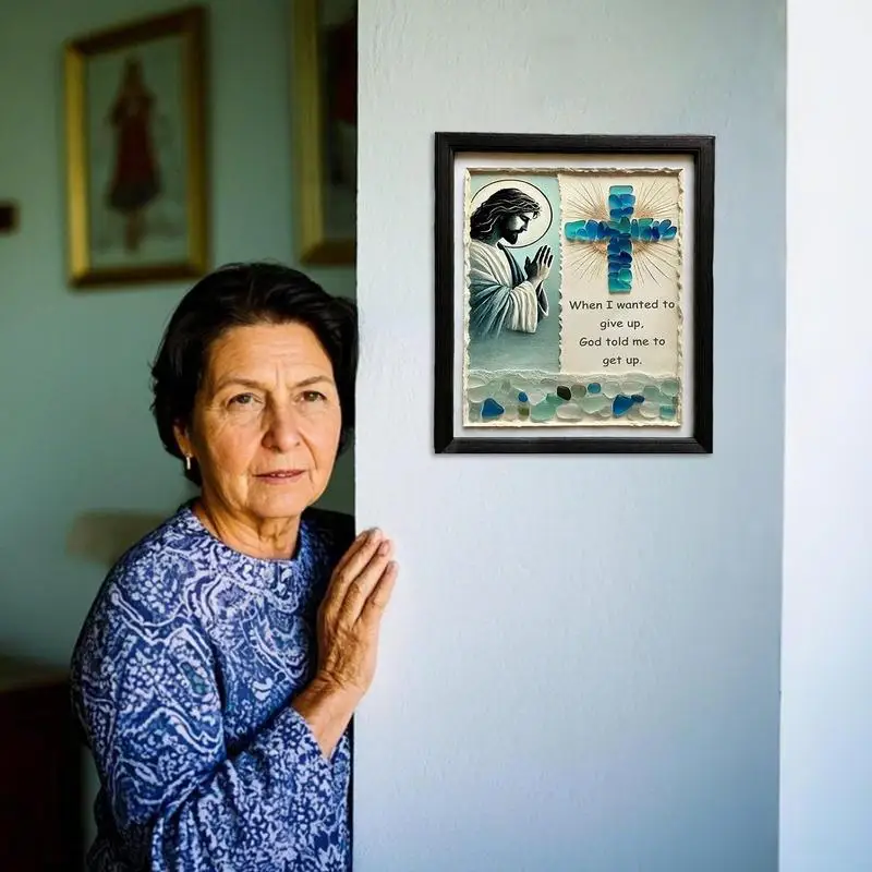 

Sea Glass Christian Wall Decor Handmade Christian Framed Pictures Sea Glass Decor Wooden Frame Inspiring Crucifix Style Jesus