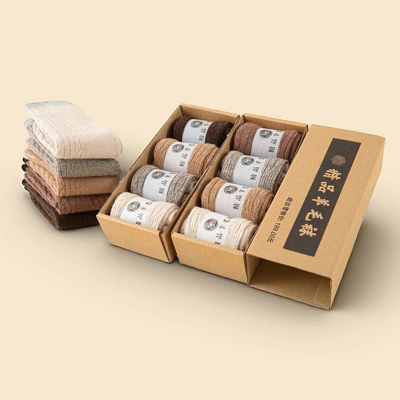 

4 Pairs Autumn Winter Color-Block 100% Wool Women's Mid-Calf Socks Thickened Retro Warm Versatile Slouchy Long Wool Socks