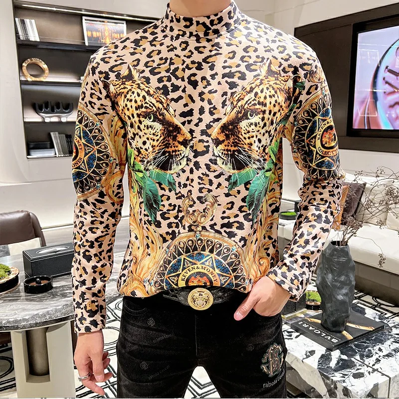 

Autumn Winter 3D Leopard T-shirt Men Fleece Half Turtleneck T-shirt Slim Casual Business Pullover Social Street Wear Sweatshirts