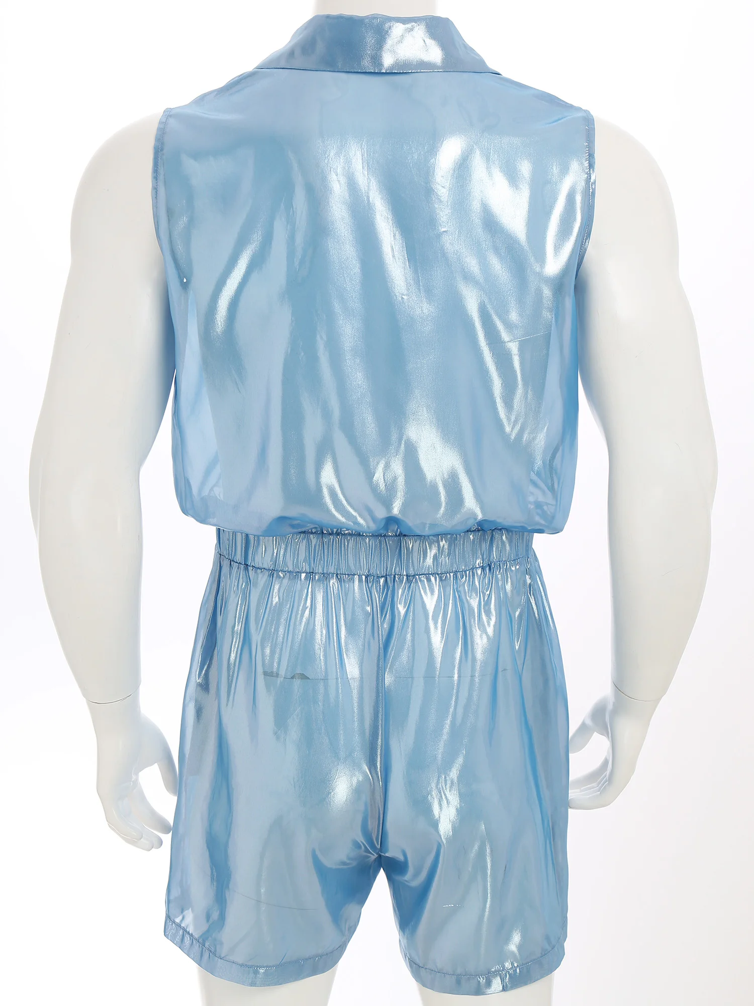 남자 시스루 메탈릭 반짝 이는 점프 슈트 나이트 클럽 레이브 파티 옷깃 칼라 민소매 탄성 허리 바디 슈트 폴 댄스웨어