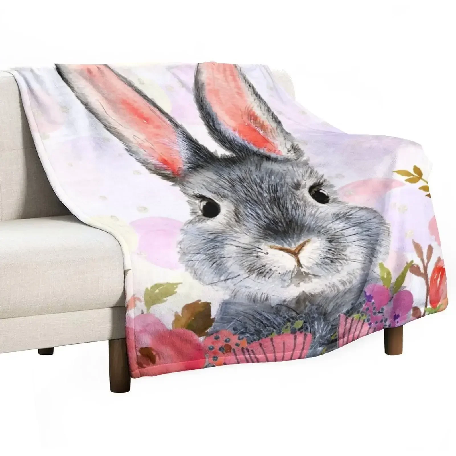 

Cute and funny rabbit in flowers Throw Blanket Furrys Decorative Sofas Blankets