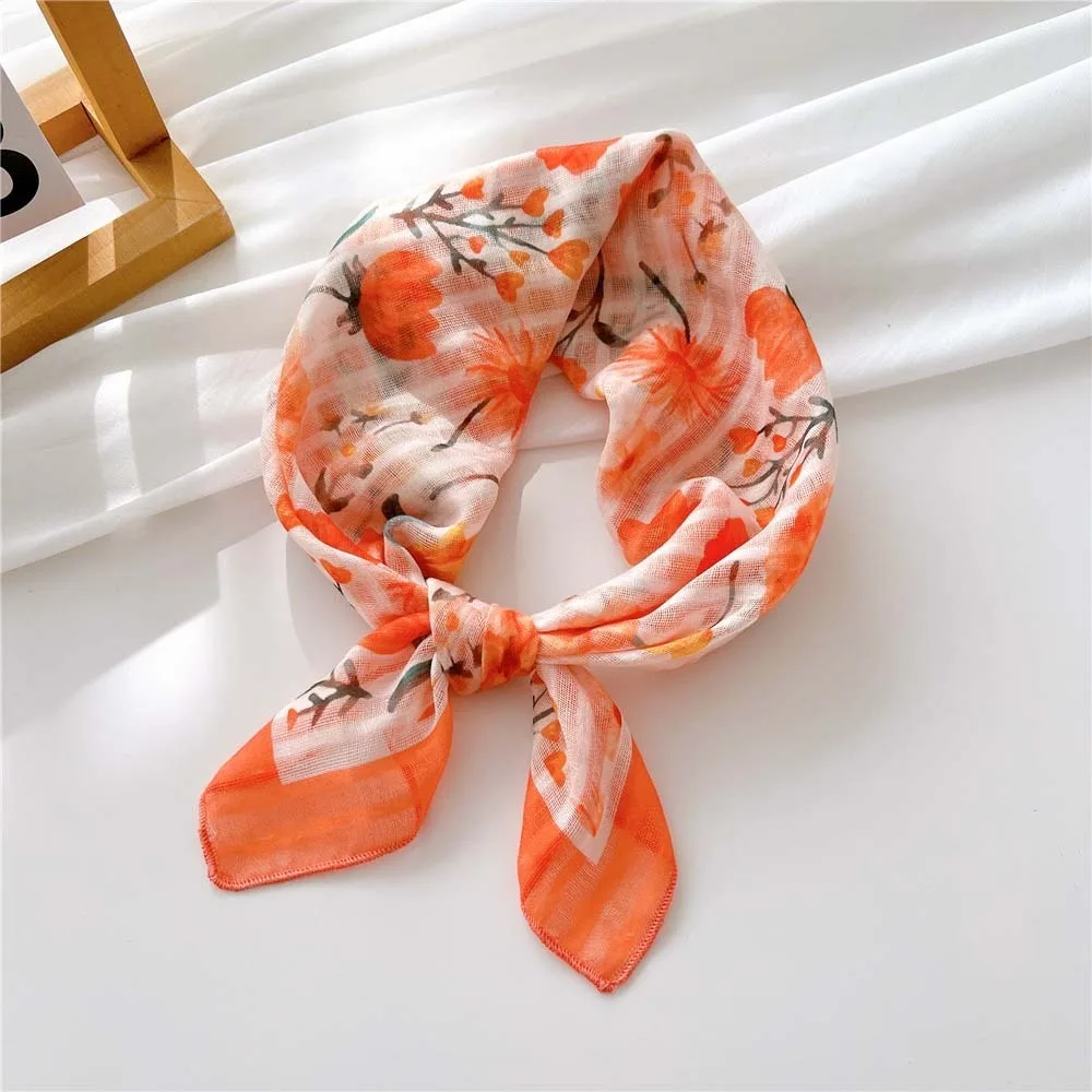 

Breathable Spring Silk Scarf Sweat-absorption Cotton Square Hijab Scarf Sunscreen Colorful Flower Printed Headscarf Girls