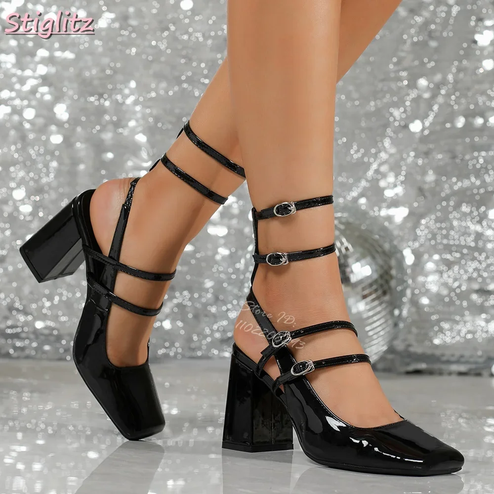 

Square Toe Buckle Straps Pumps Sexy Patent Leather French Style Block Heels Mary Jane Fashion High Heels Women 2025 New Shoes