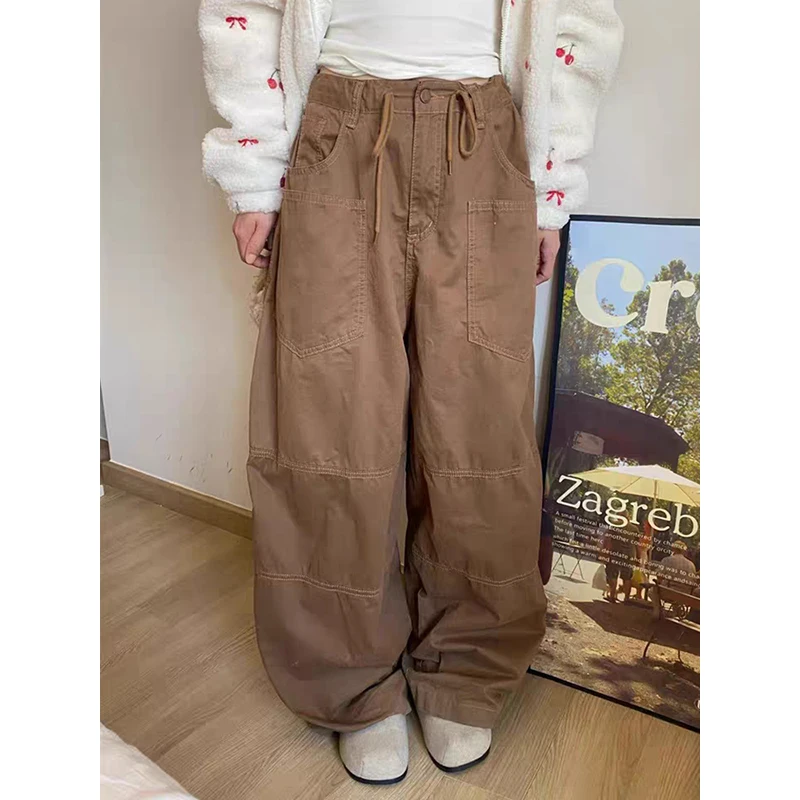 

Женские брюки-карго с карманами и завязками на талии, большие размеры, лоскутные свободные повседневные однотонные широкие брюки в стиле Харадзюку, винтажная одежда