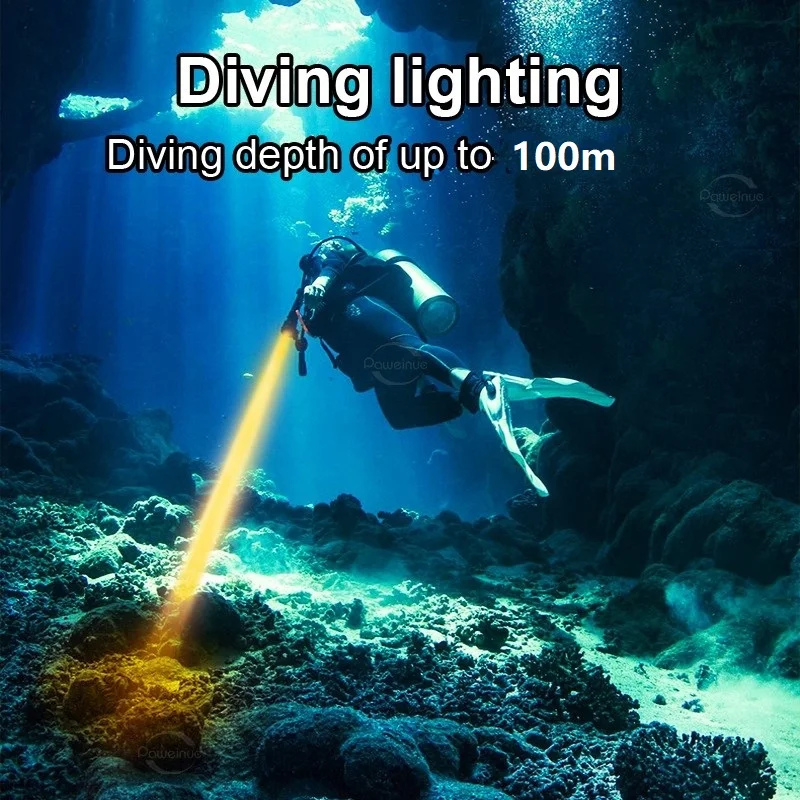 XHP190 Underwater Lantern Yellow Light 3 Modes Professional Diving Flashlight IPX8 Waterproof Underwater Searchlight Scuba Lamp