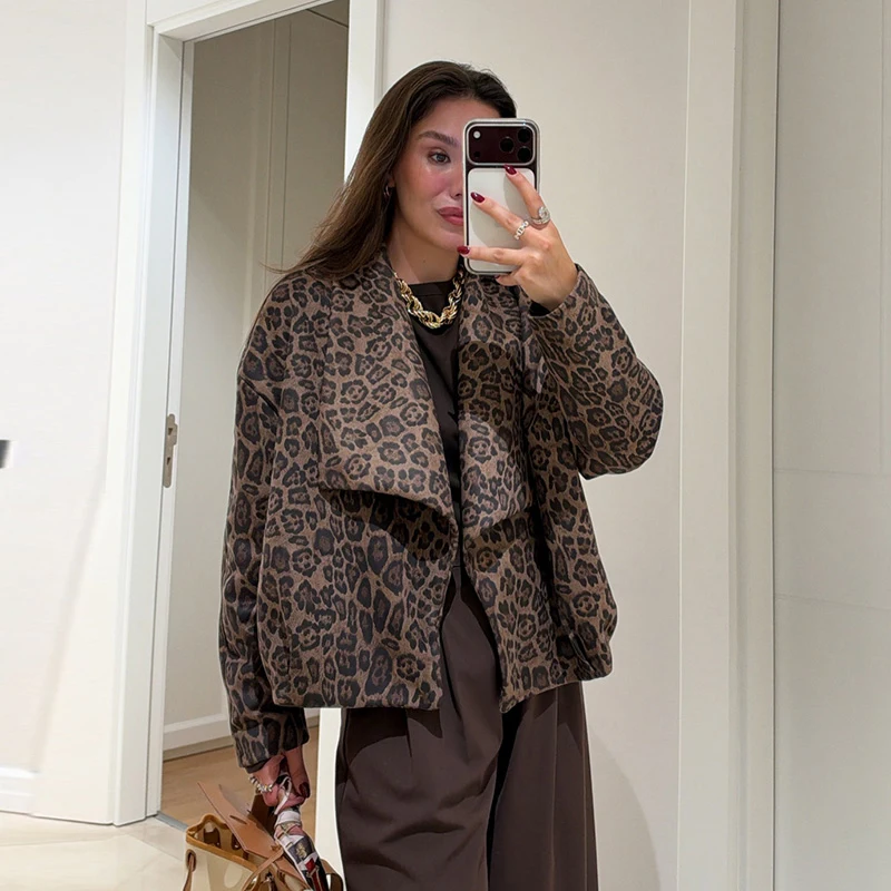 Oversize-Mäntel für Damen, Leopardenmuster, große Revers, langärmlige Jacken, Herbst, weibliche, panelierte, lockere Jacke, schicke neue Oberbekleidung – Detail 1