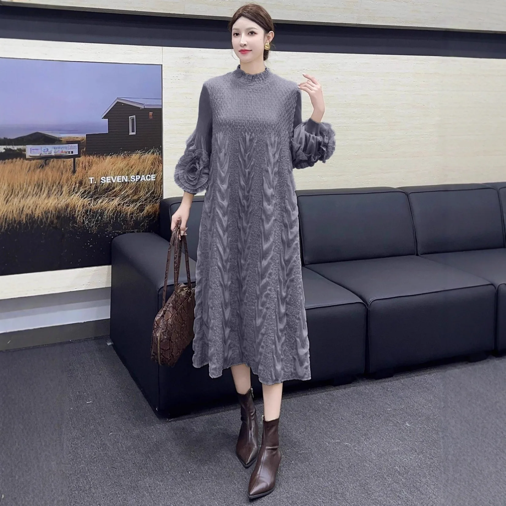 

Miyake Pleated Autumn and Winter New Loose Plus Size Dress Embroidered Long Sleeve Half Turtleneck Mid-length Skirt for Women