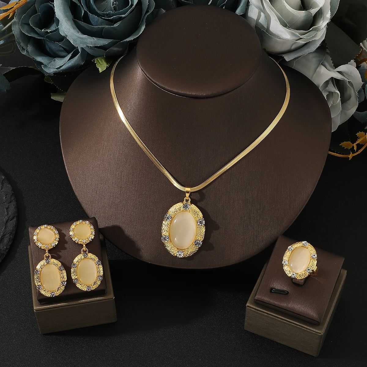 Luxury Women Cat’s Eye New Design Ring+ Necklace +Earrings Zircon micropaved high quality non-fading golden Ladies Jewelry Set