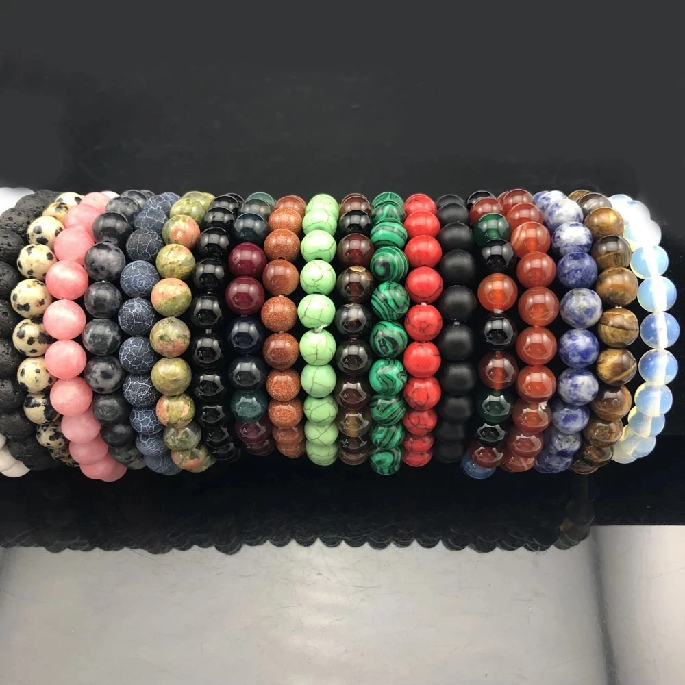 Pulsera de ágata de cristal de cuarzo Chakra para hombre, piedra Natural de 8mm, Lava, Ojo de Tigre, ónix negro, cuentas curativas, brazalete de Yoga, joyería para mujer