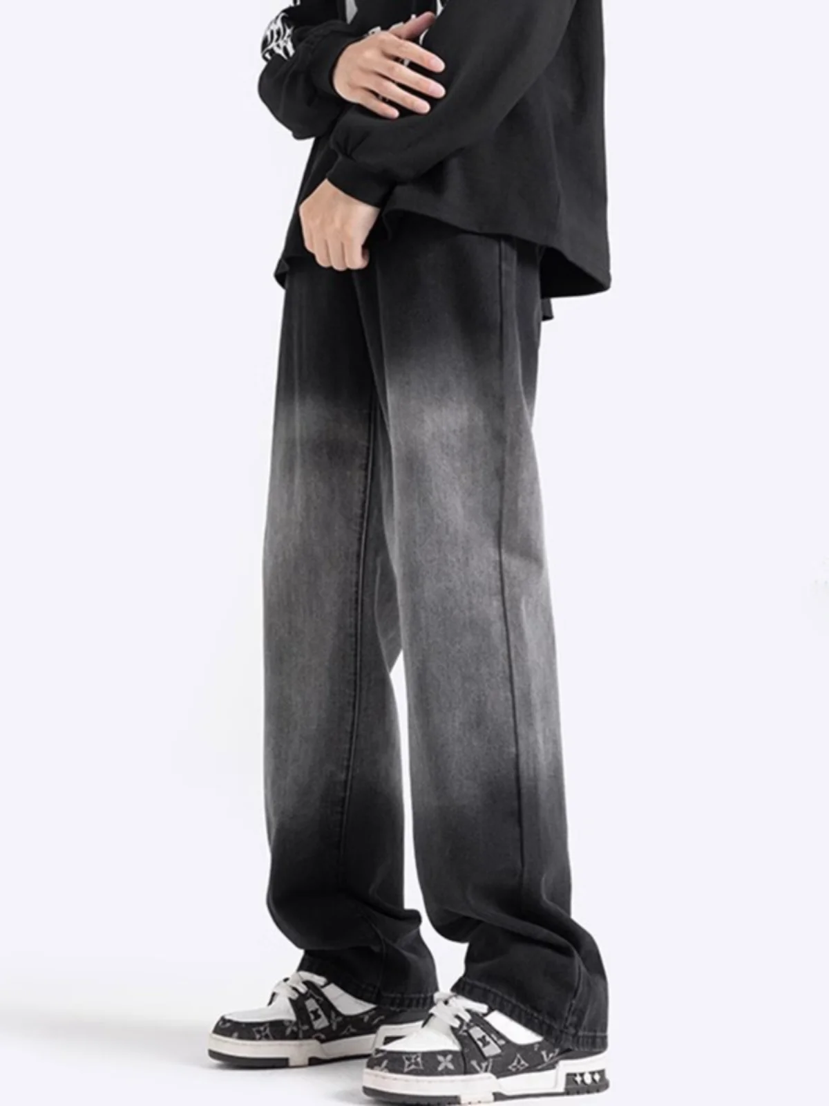 

Мужские джинсы в американском стиле ретро, весна-осень, повседневные свободные брюки с широкими штанинами, прямые брюки с девятью точками, хлопок, полиэстер, B...