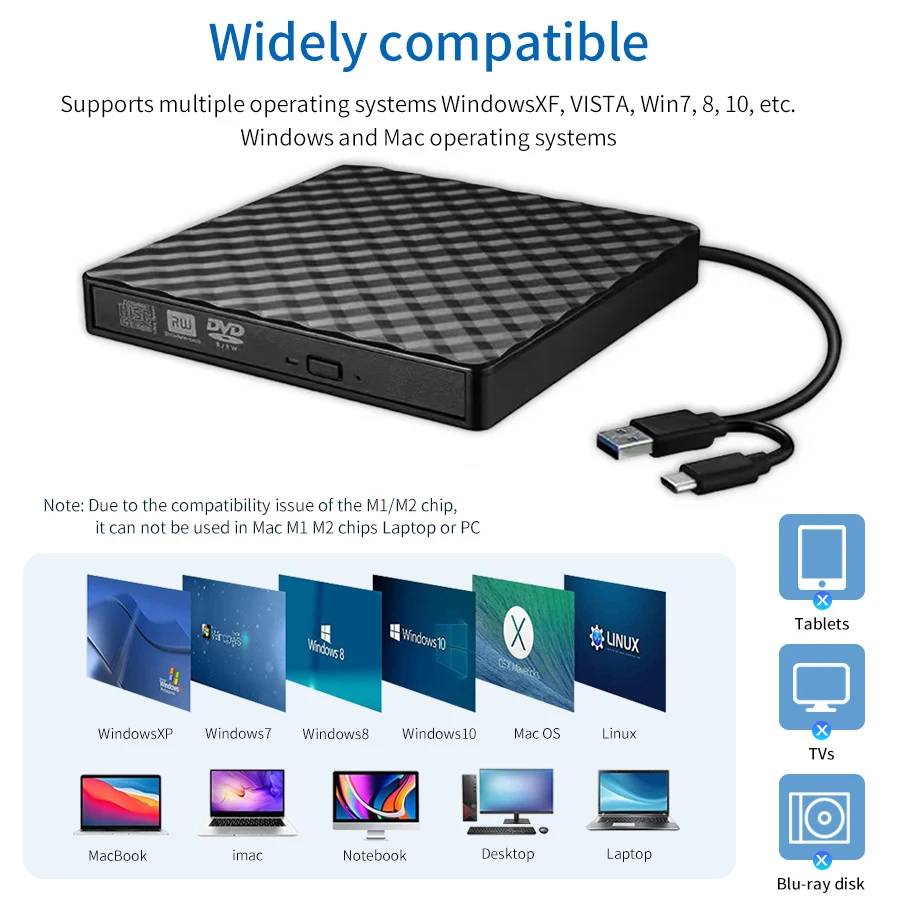 2 in 1 USB 3.0 유형 C 슬림 외부 DVD 버너 RW CD 광학 드라이브 노트북 PC 용 작가 리더 플레이어 휴대용 CD-RW DVD-ROM