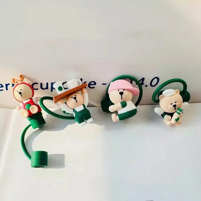 4PCS Cute Cartoon Bear Straw Topper for 7-8mm Silicone Straw Cover Cap Reusable Dustproof Straw Lid for Tumbler Cup Accessories