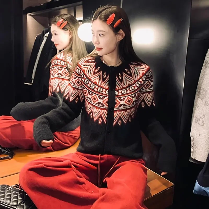 

Новый вязаный кардиган, зимний трикотаж, свитер в стиле ретро Fair Isle, красивая однобортная короткая куртка для студенток в консервативном стиле