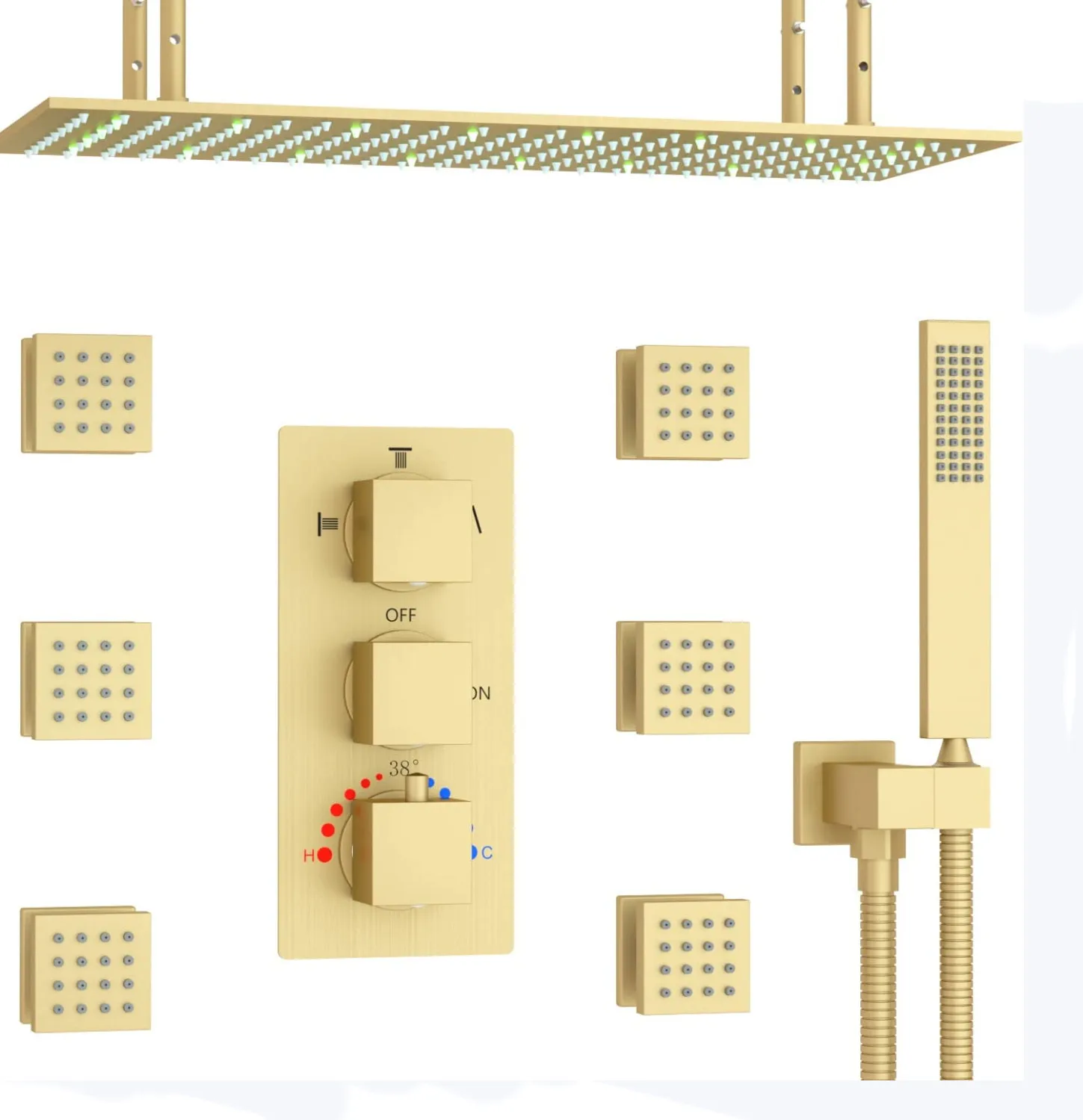 LED Rain Shower Head Faucet Combo Set Thermostatic Shower System