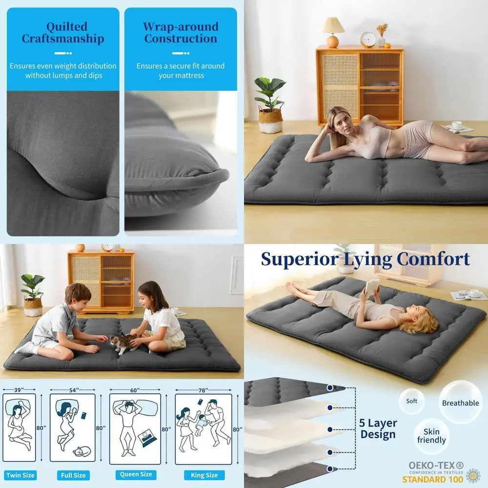 

4 Thick Foldable Futon Mattress - 5-Layer Tatami Pad with Storage Bag for Kids, Adults, Dorms, Camping (Full, Gray)