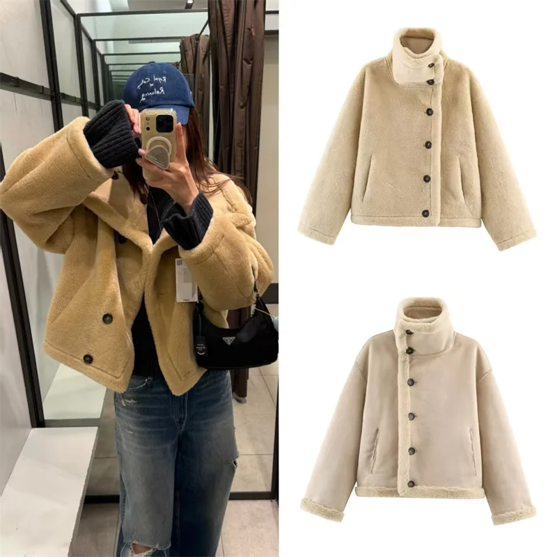 

Women's Thickened Reversible Jacket New Stand Collar Long Sleeve Warm Coat Autumn and Winter Fashion Casual Jacket