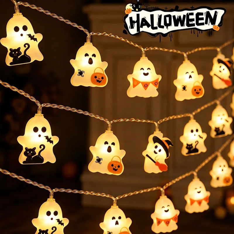 Halloween Ghost LED String Lights Battery Powered Plastic Durable Waterproof Ghost Shaped Fairy Lights Warm White Glow for Party