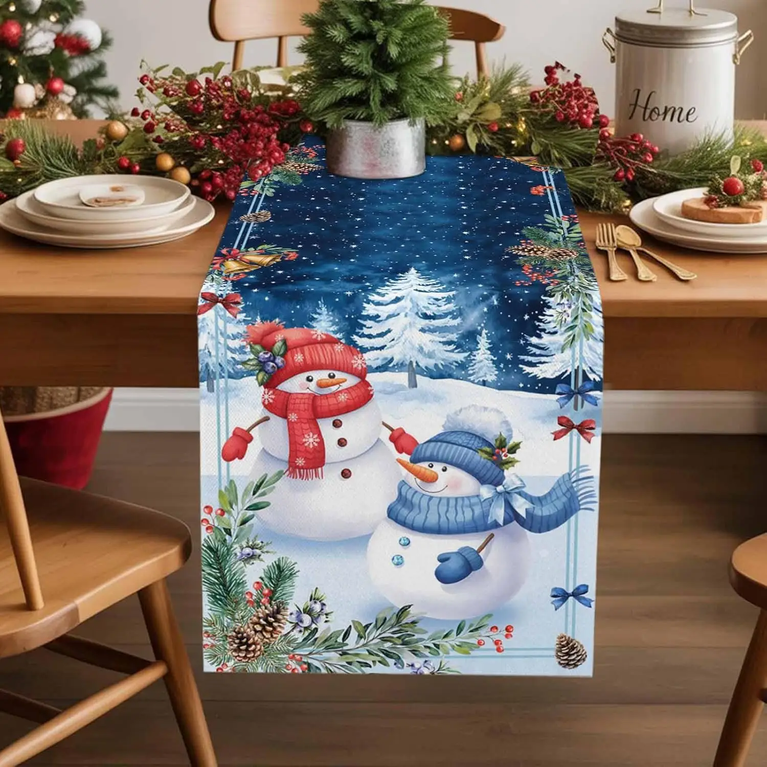 Christmas Snowman Pine Tree Linen Table Runner Party Decor Winter Xmas Pinecone Berry Dining Table Runners Christmas Decoration