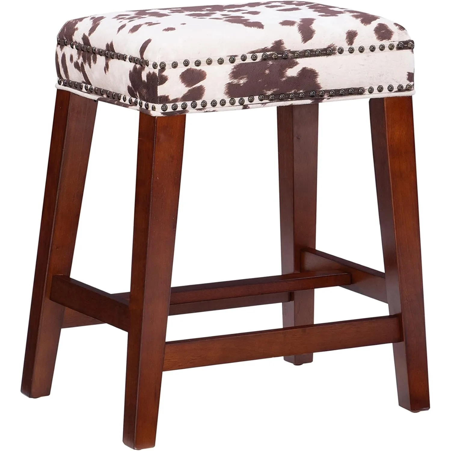 مقعد مرتفع بطبعة بقرة بنية مفتوح الظهر مقاس 24 بوصة، متين وقوي، بعمق 14.5 بوصة × 20 بوصة وعرض × 24 بوصة