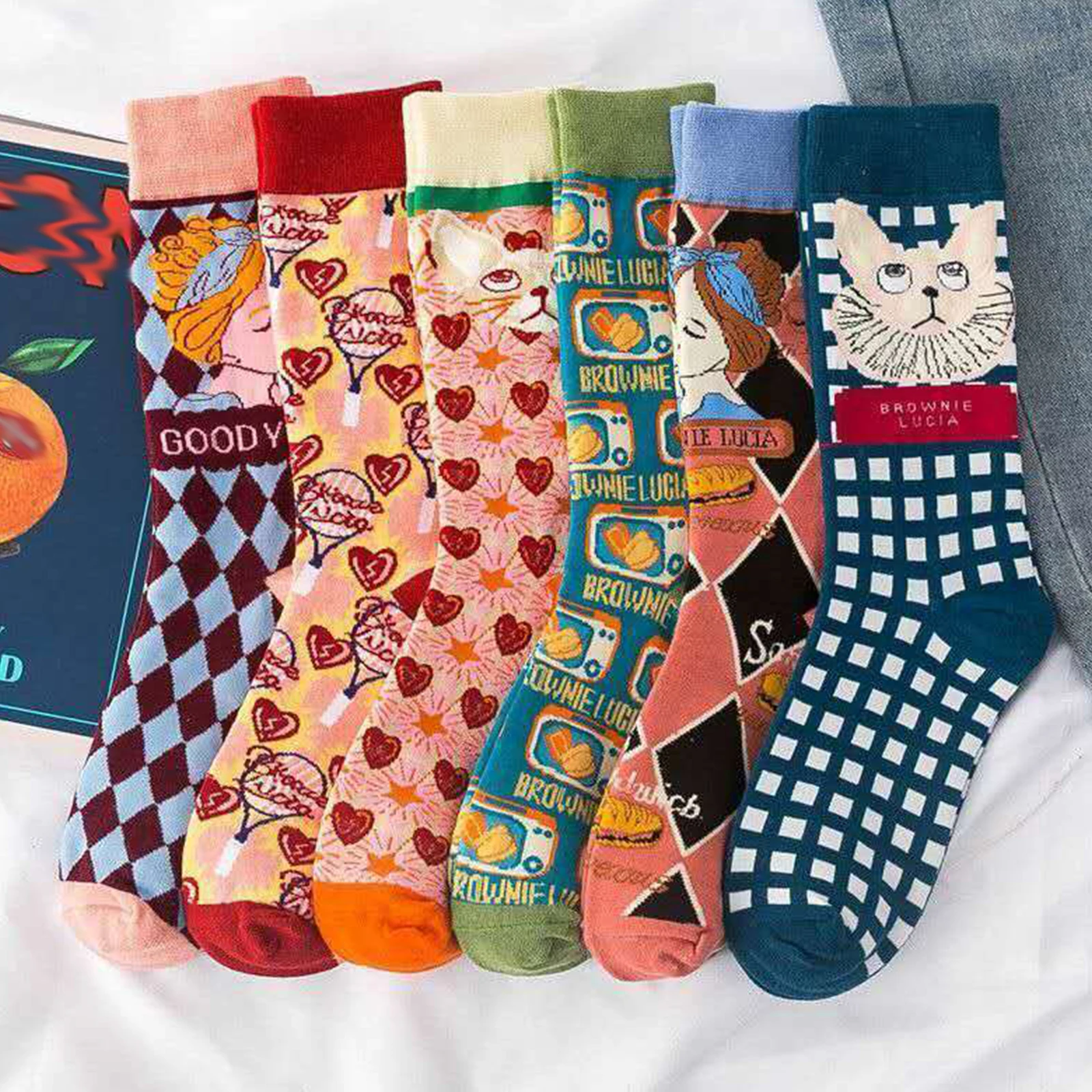 

Французская иллюстрация, мультяшное искусство, женские высокие носки в стиле ретро, розовый кот, милые носки