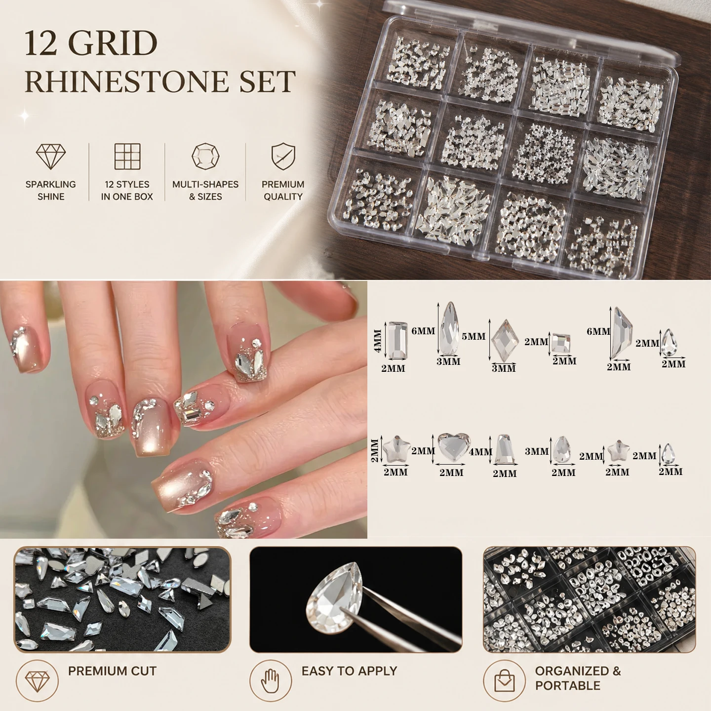 SANANIE 12Grids Mini Diamond Flat Bottom Nail Art Charms 3D Shiny White Rhinestone Nail Decorations Glitter Manicure Accessories