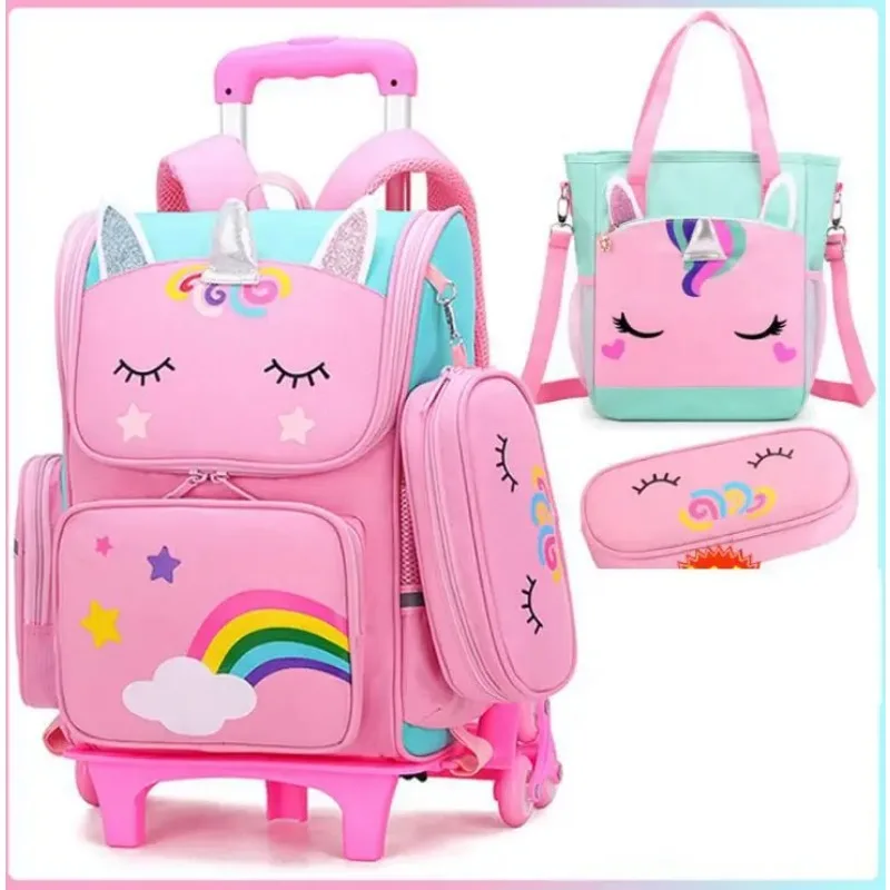 

School Trolley Bag For Girls School Trolley For Kids with lunch bag Rolling Backpack Bags Kids School Wheeled Backpack Bag