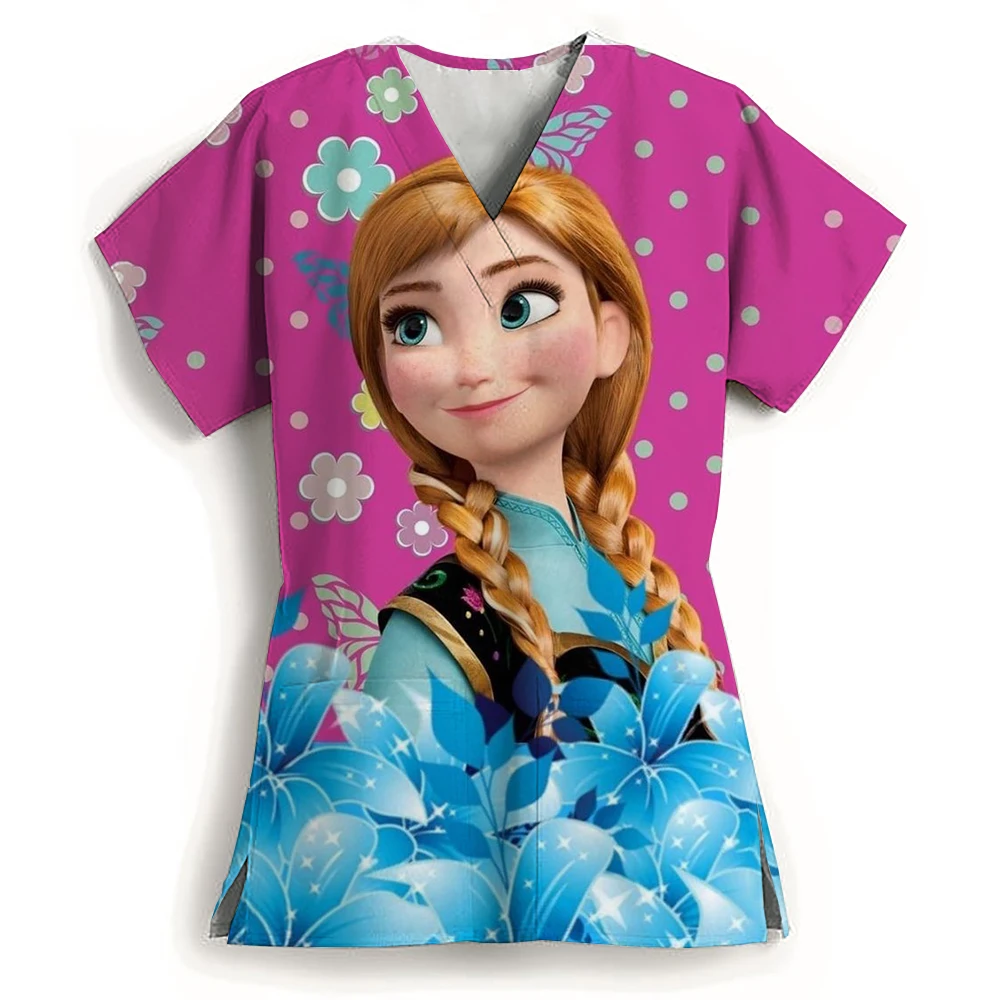 Pretty Disney Princess Cartoon Pattern Printed Women's T-shirt 2024 Summer Comfortable and Casual Nurse Uniform Y2k style Top