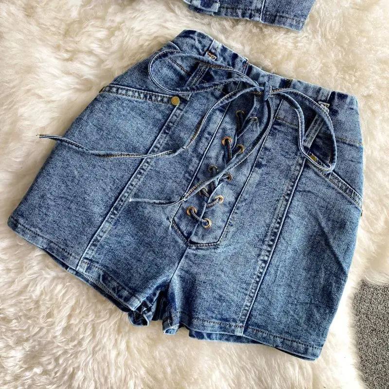 Denim Shorts Sets For Women Girls Turn Down Collar Hollow Out Short Shirts+Shorts Jeans 2 Pieces Clothing Sets Outfits
