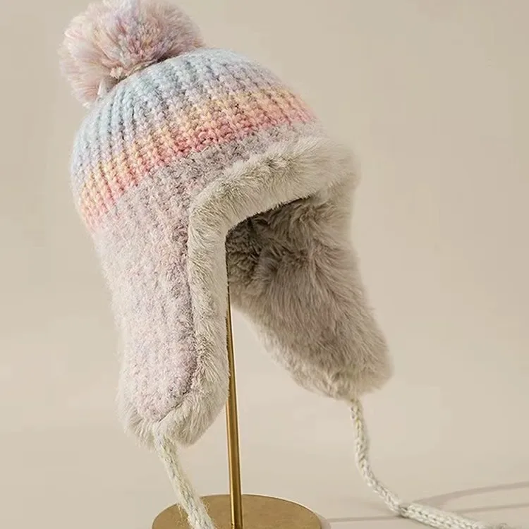 

2025 Autumn And Winter New Style Colorful Wool Ball Knitted Earmuff Hat Women Warm And Fashionable Fuzz Line Cap