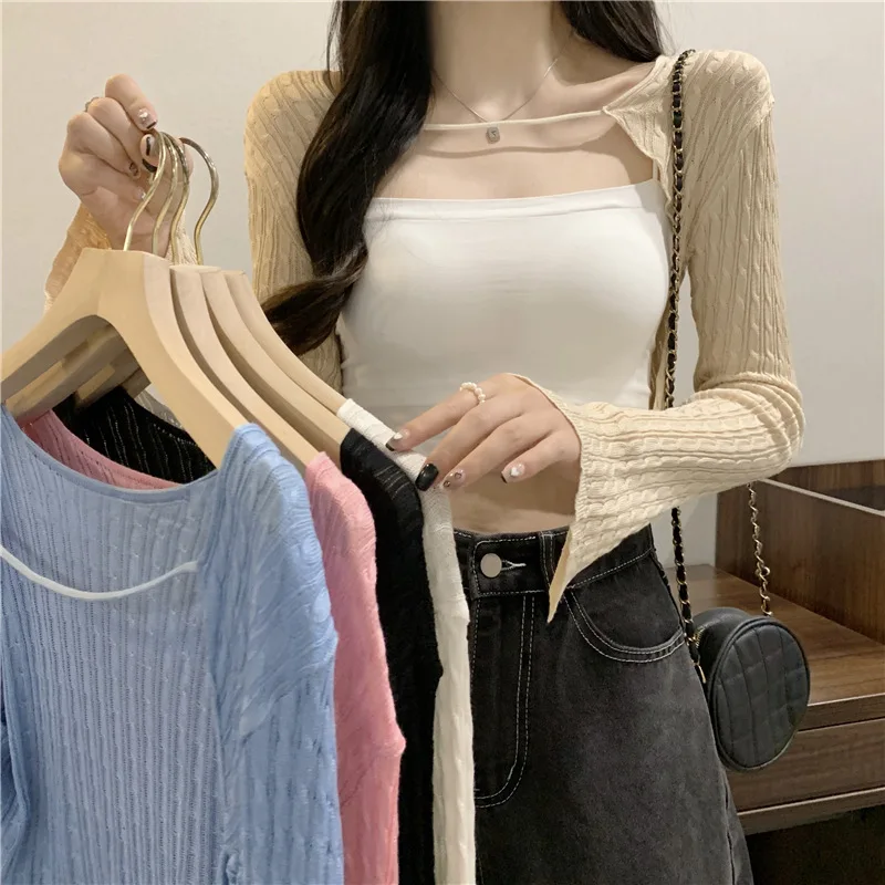 New French Style Camisole Women's Knitted Shawl Top Autumn Outerwear Cover Up Thin Sun Protection Cardigan Long Sleeved Small