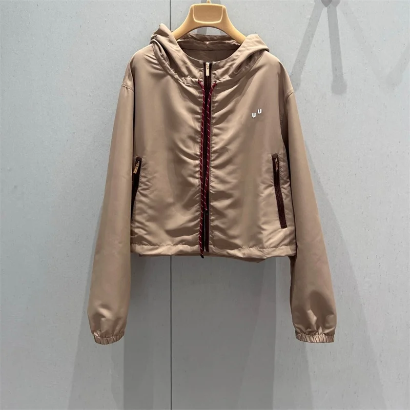 Women Coats Jackets 2025 Early Spring New U111234 Khaki Colour Hooded Pocket Drawstring Slim Short Thin Coat Jacket