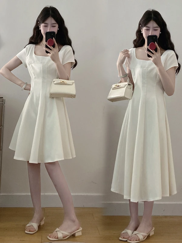 

plus Size Hepburn Sle Square Collar Dr Women's Summer New Waist Cinching Meat Concealing A-Line Long Dr Trendy