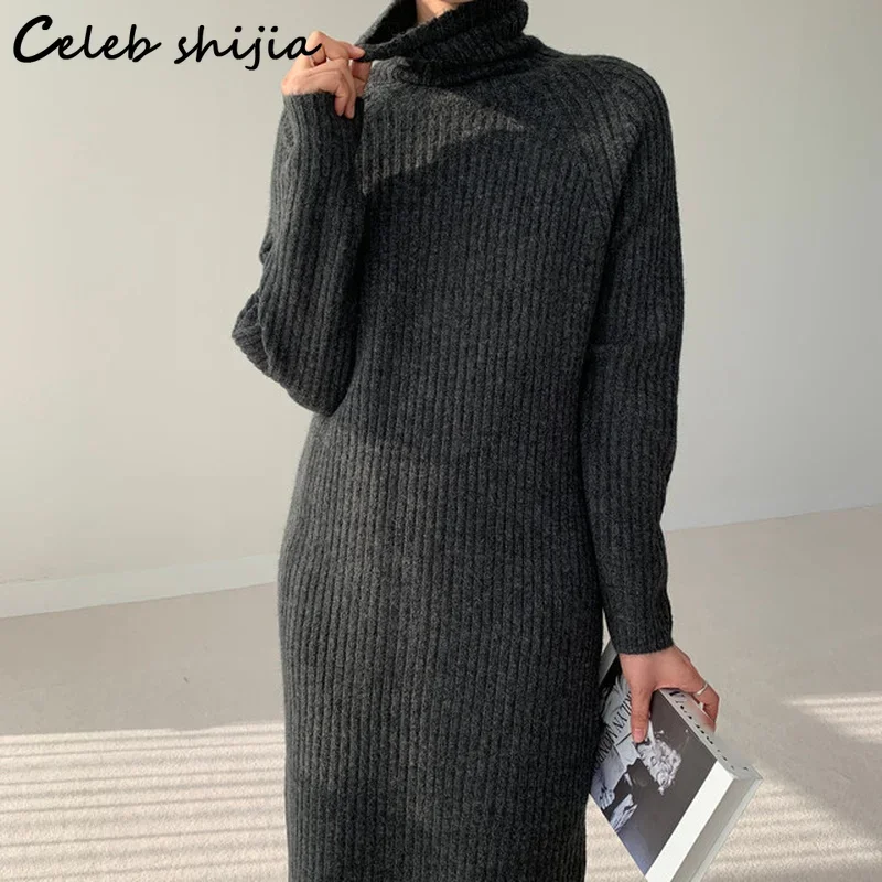 Dark Gray Warm Woolen Dress Women Turtleneck Winter Fall Vintage Stretch Knitted Vestido Streetwear Chic Knit Clothing Lady