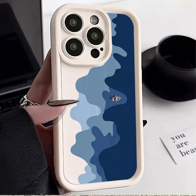 

Creative blue wave design phone case for iPhone 16 15 14 13 12 11 Pro/ Max/Plus shock-proof rear cover anti-fingerprint
