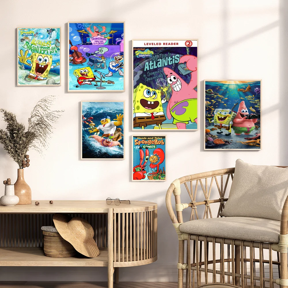 S-SpongeBob S-SquarePants Anime Whitepaper Poster Waterproof Paper Sticker Coffee House Bar Posters Wall Stickers