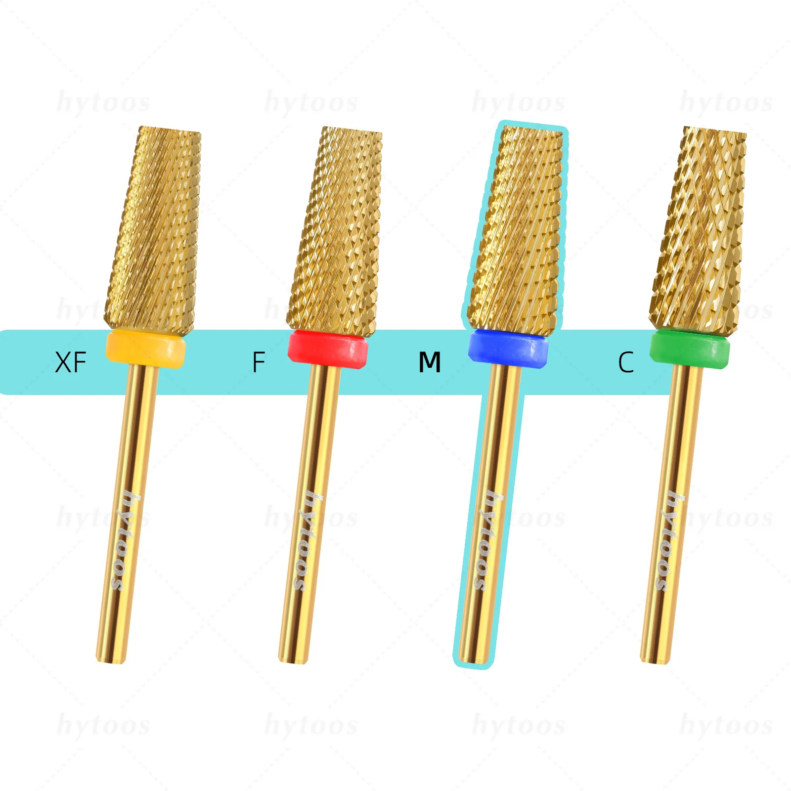 HYTOOS ゴールド テーパー型 5 in 1 ネイルドリルビット フラットトップ 超硬ネイルビット ジェル除去 電動ドリル ファイル マニキュア アクセサリー ツール