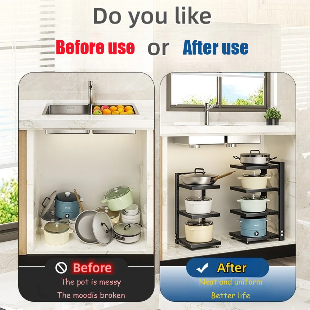 

Adjustable Pot Rack Organizer, Kitchen Stainless Steel Pot Storage Rack ,Multi-Layer Household Pot and Pan Organzier for Kitchen