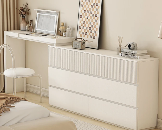 

high-end light luxury small unit bedroom, minimalist style dressing table, storage cabinet, bucket cabinet, integrated