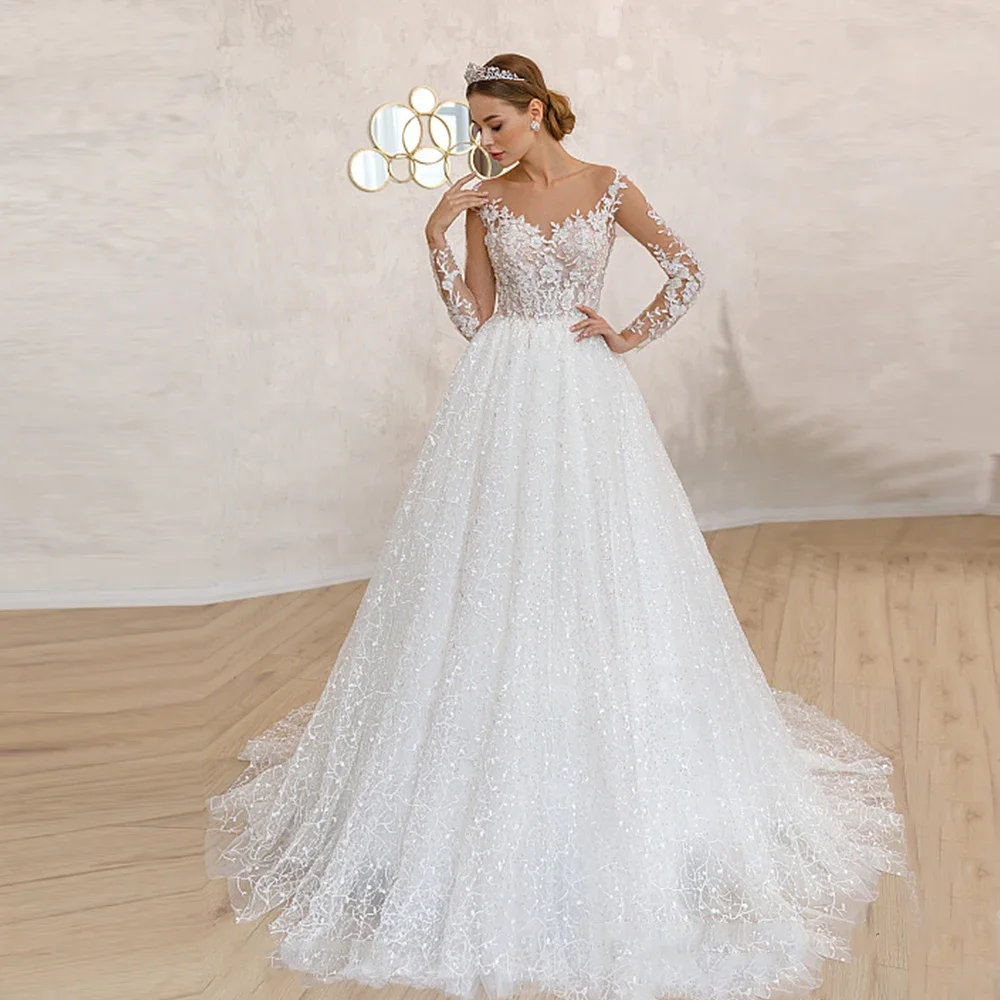 

Exquisite Lace Wedding Dresses For Bride 2024 Sheer Long Sleeve Applique Formal Church Bridal Gown Button Luxury Robe De Mariee