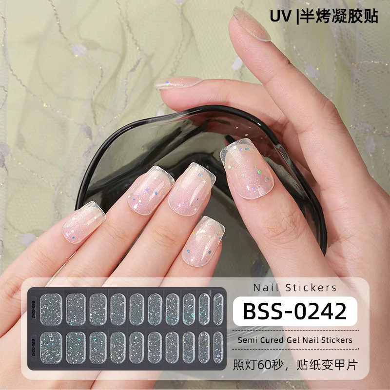 Parche de tiras de uñas de Gel semicurado, polvo de Scallion, lentejuelas brillantes, cubierta completa impermeable, necesita lámpara UV, 20 puntas