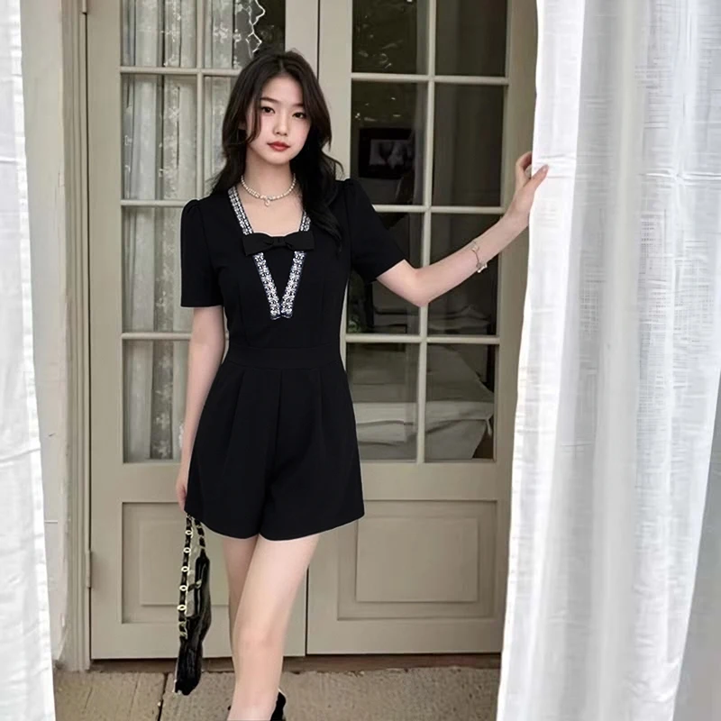Traje de una pieza con nudo para mujer, verano 2026, manga corta, cintura alta, corte recto, fibra de poliéster, exclusivo en línea