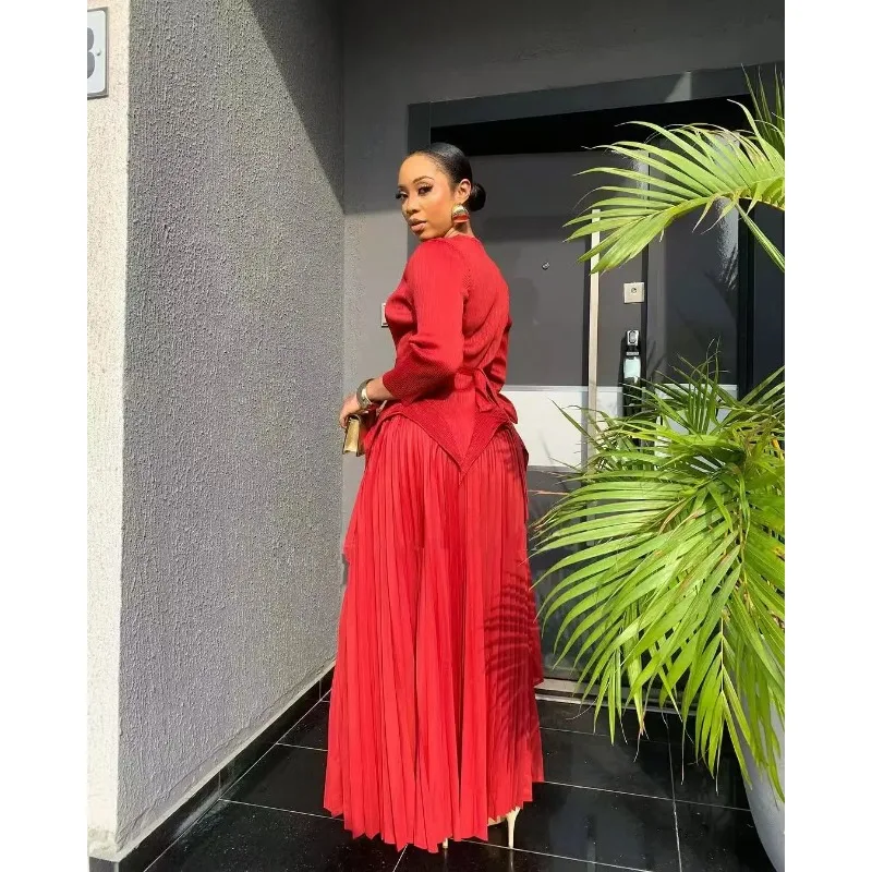 

Miyake плиссированный топ с длинными рукавами, длинная юбка с неровным подолом, комплект из 2 предметов, однотонный элегантный комплект с юбкой для танцевальной вечеринки, затягивающая талию